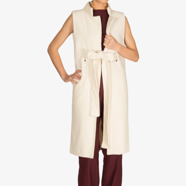 Manteau long sans manches blanc, cachemire et laine
