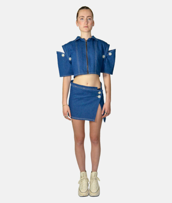 Jupe denim asymétrique taille haute/taille basse